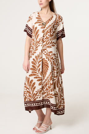 Gold Button Leaf Print Midi Dress