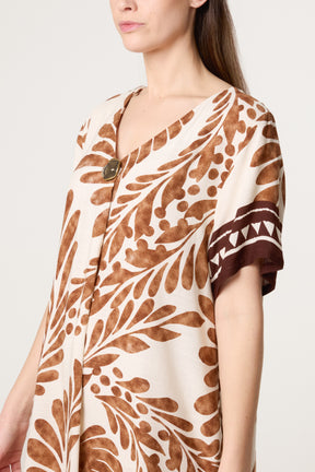 Gold Button Leaf Print Midi Dress