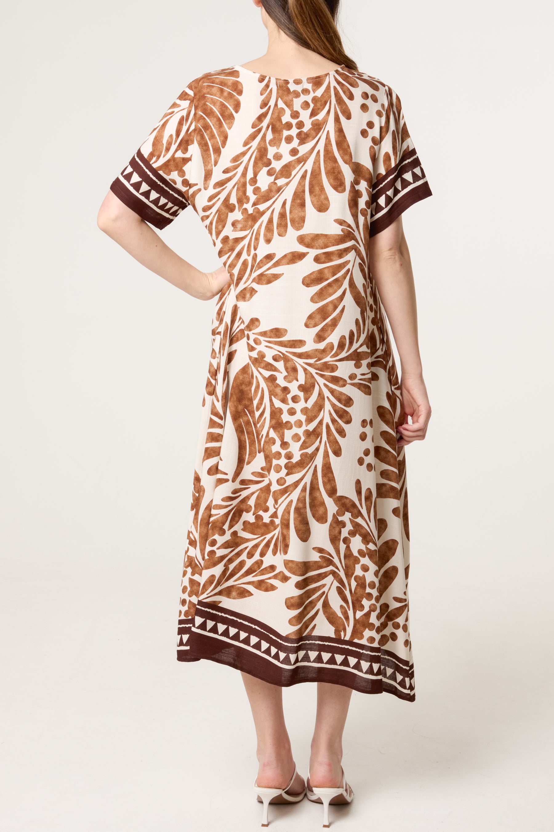 Gold Button Leaf Print Midi Dress