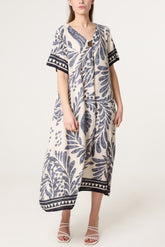 Gold Button Leaf Print Midi Dress