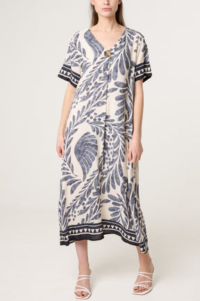 Gold Button Leaf Print Midi Dress