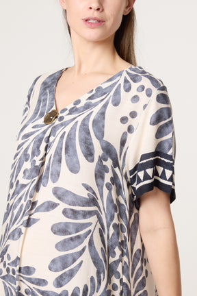 Gold Button Leaf Print Midi Dress