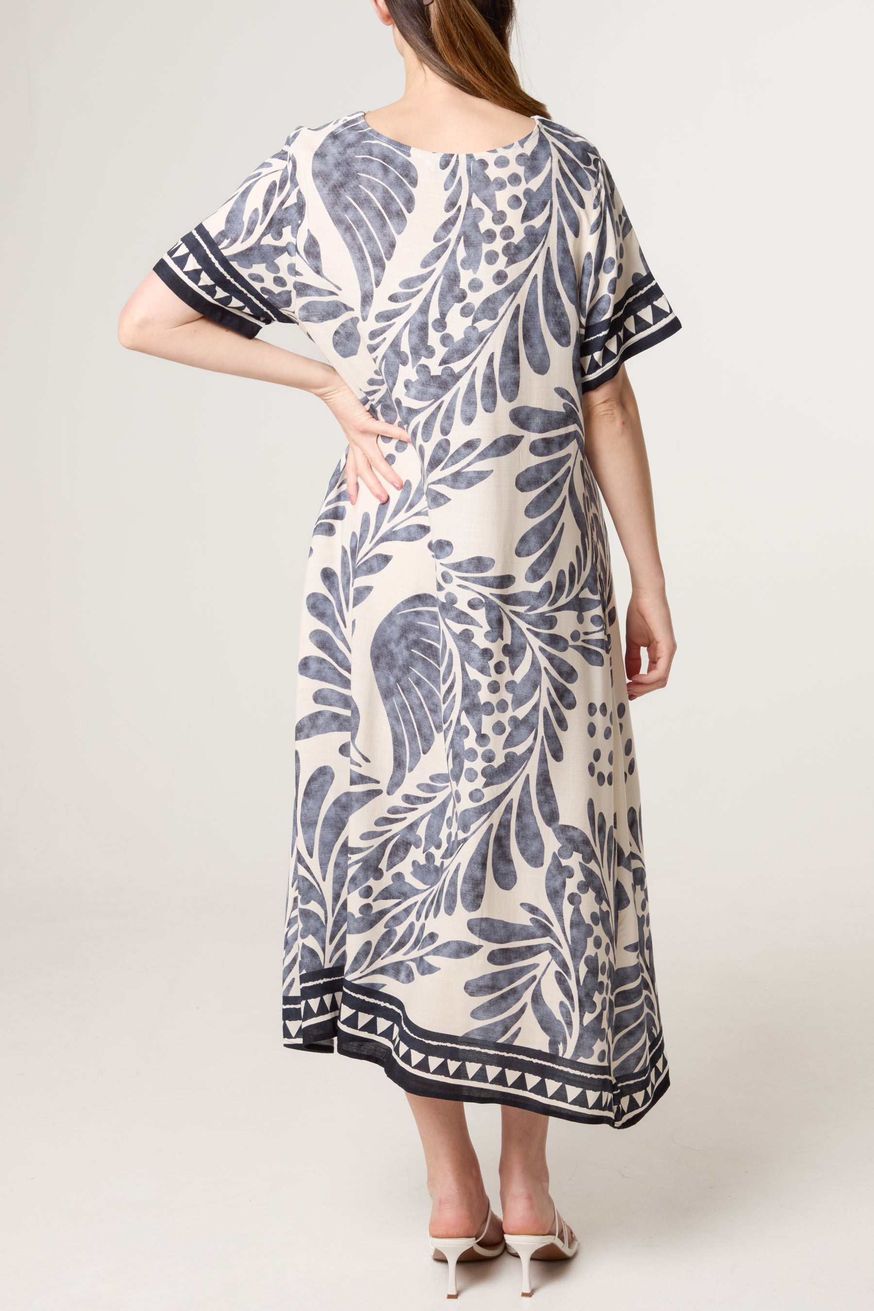 Gold Button Leaf Print Midi Dress