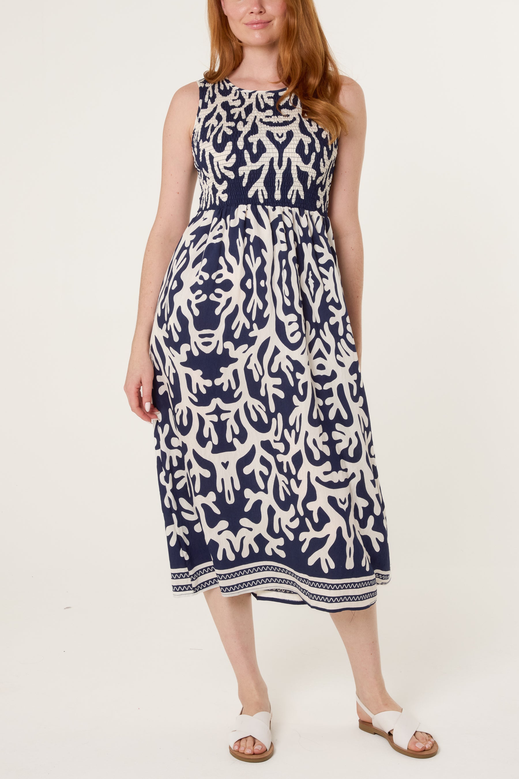 Abstract Border Print Shirred Bust Dress