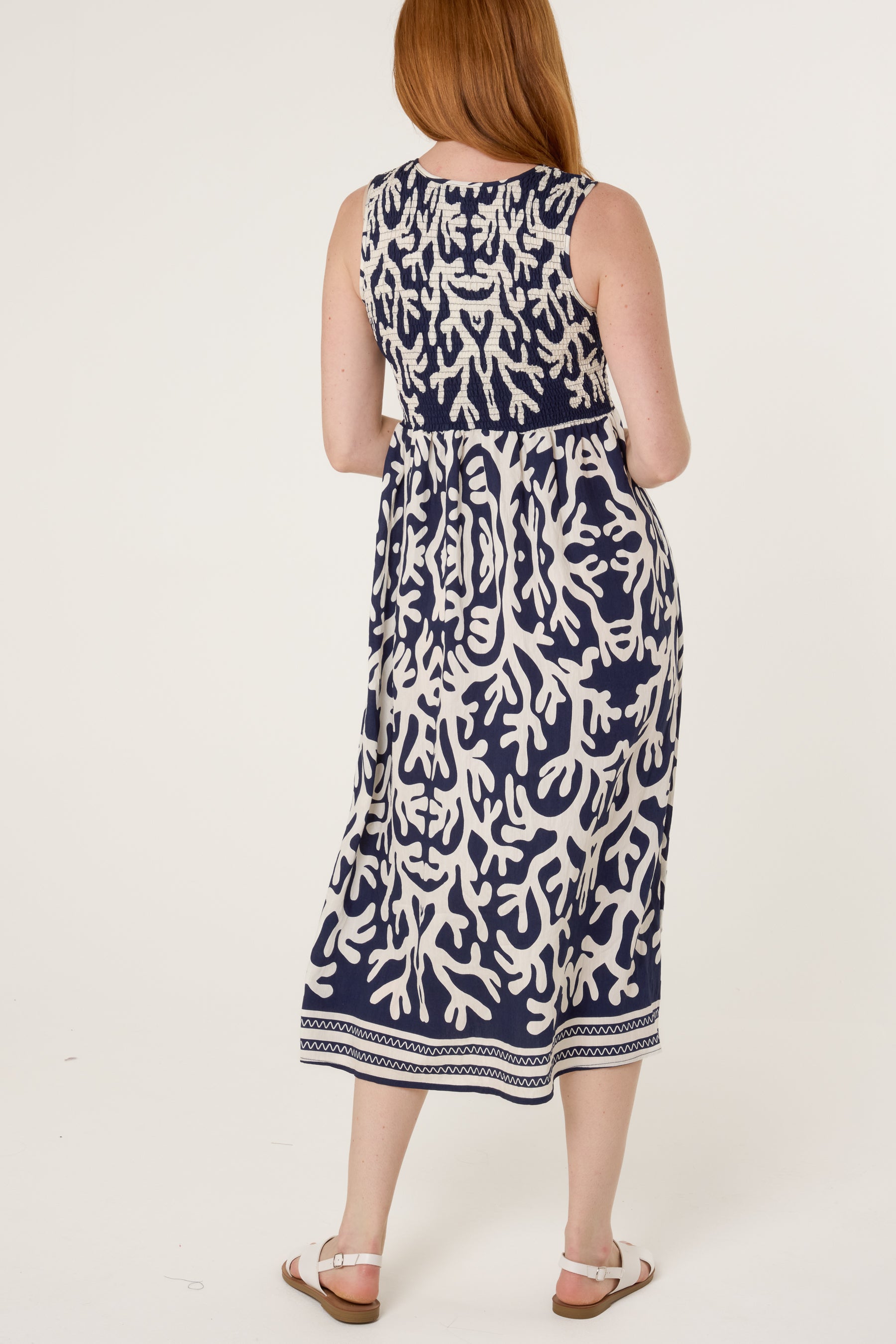 Abstract Border Print Shirred Bust Dress
