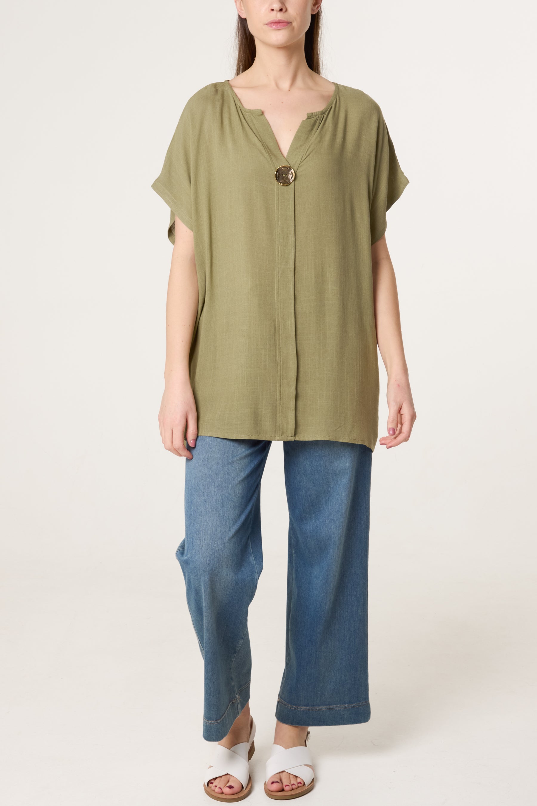 Short-Sleeve Button Tunic Top