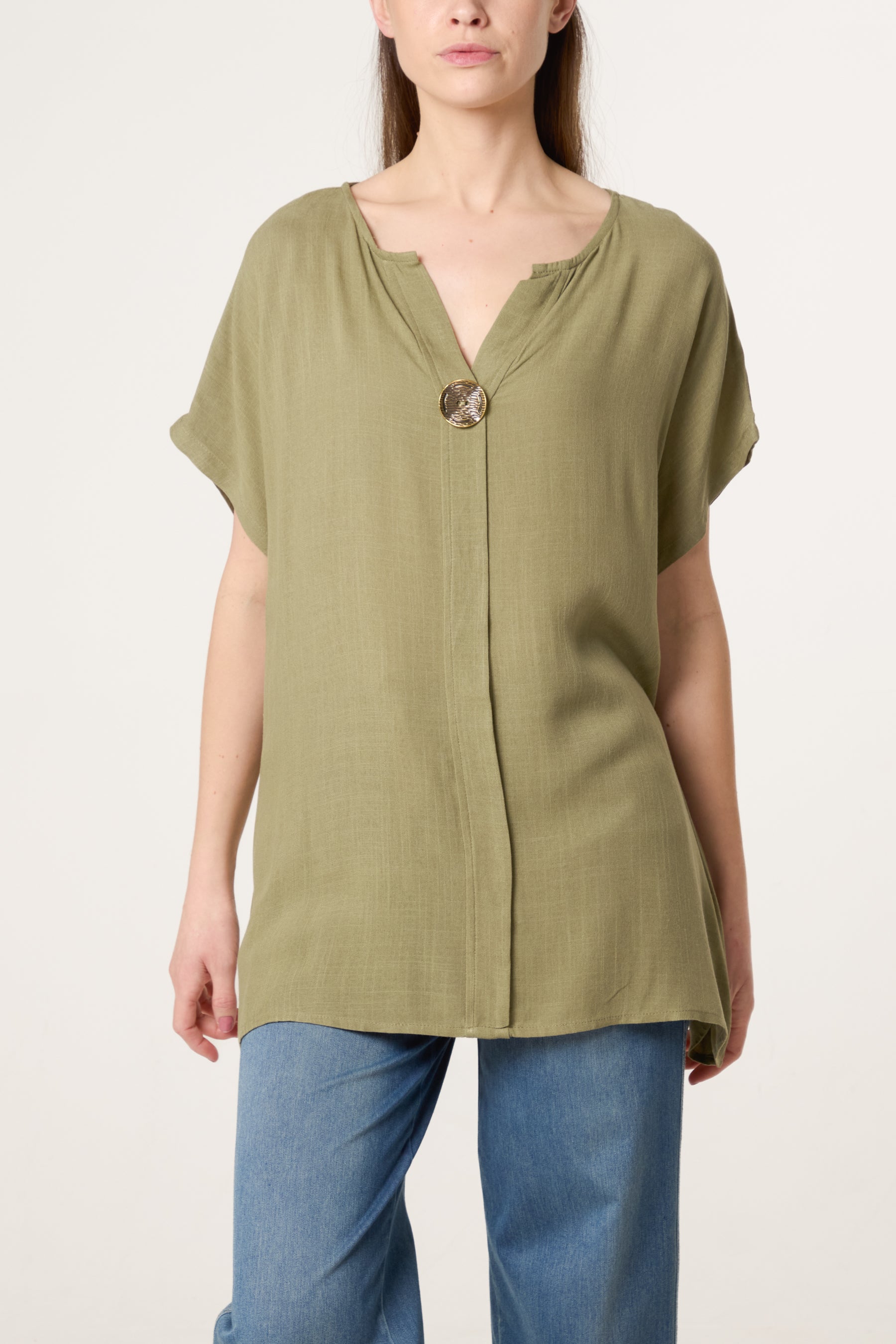 Short-Sleeve Button Tunic Top