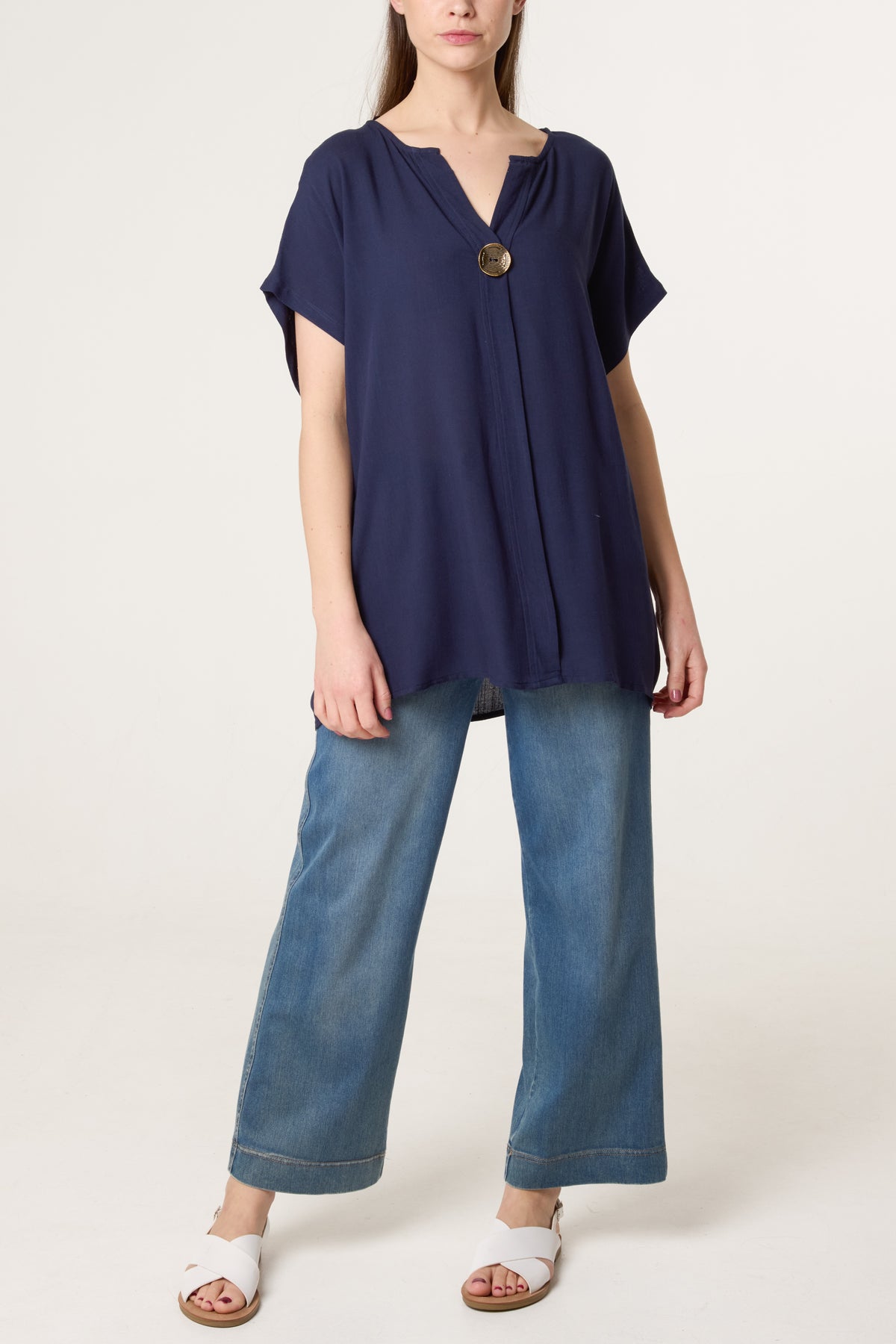 Short-Sleeve Button Tunic Top