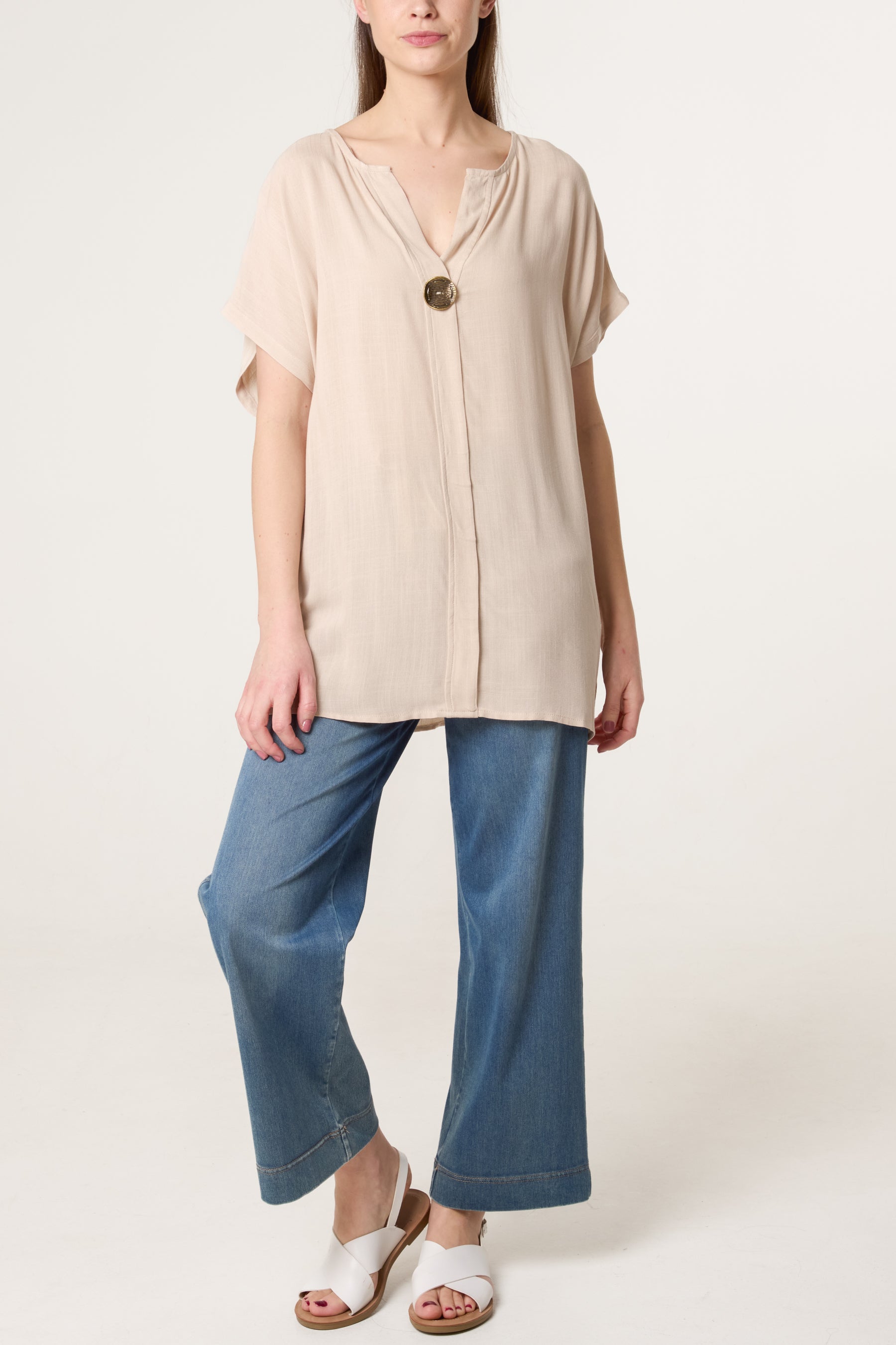 Short-Sleeve Button Tunic Top