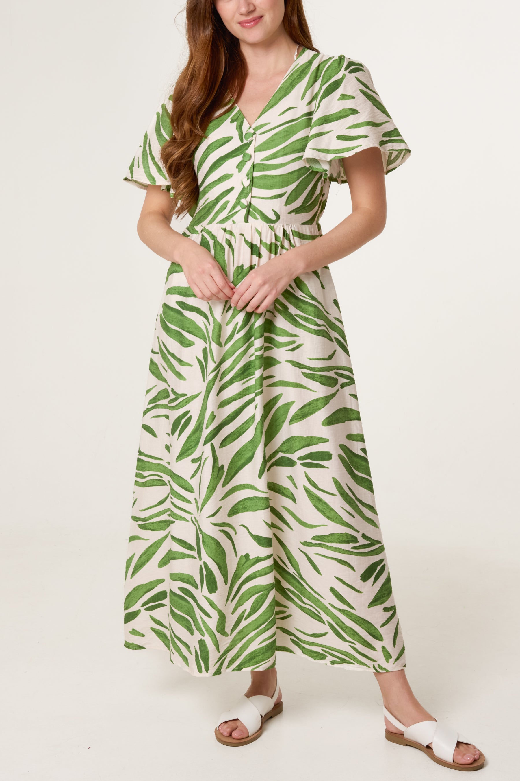 Brushstroke Leaf Print Midi Dress