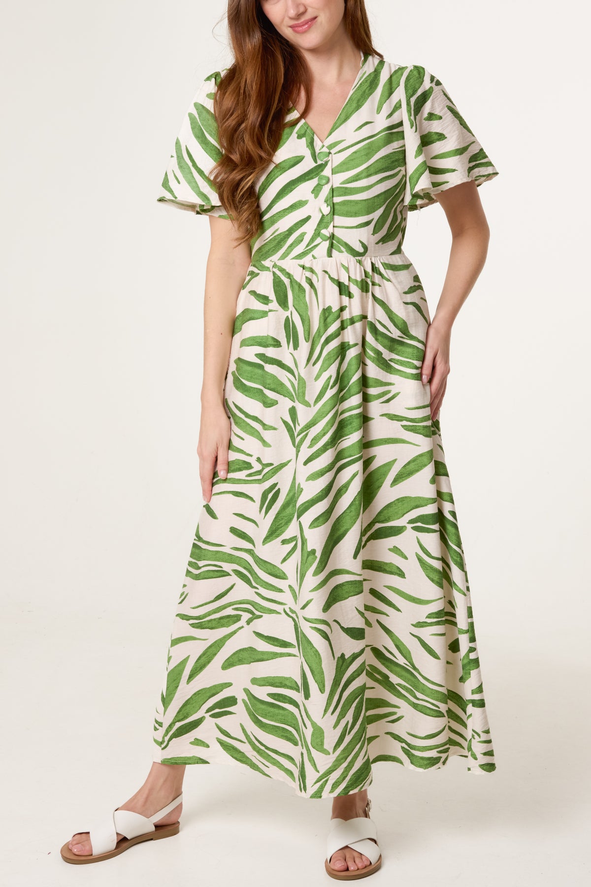 Brushstroke Leaf Print Midi Dress