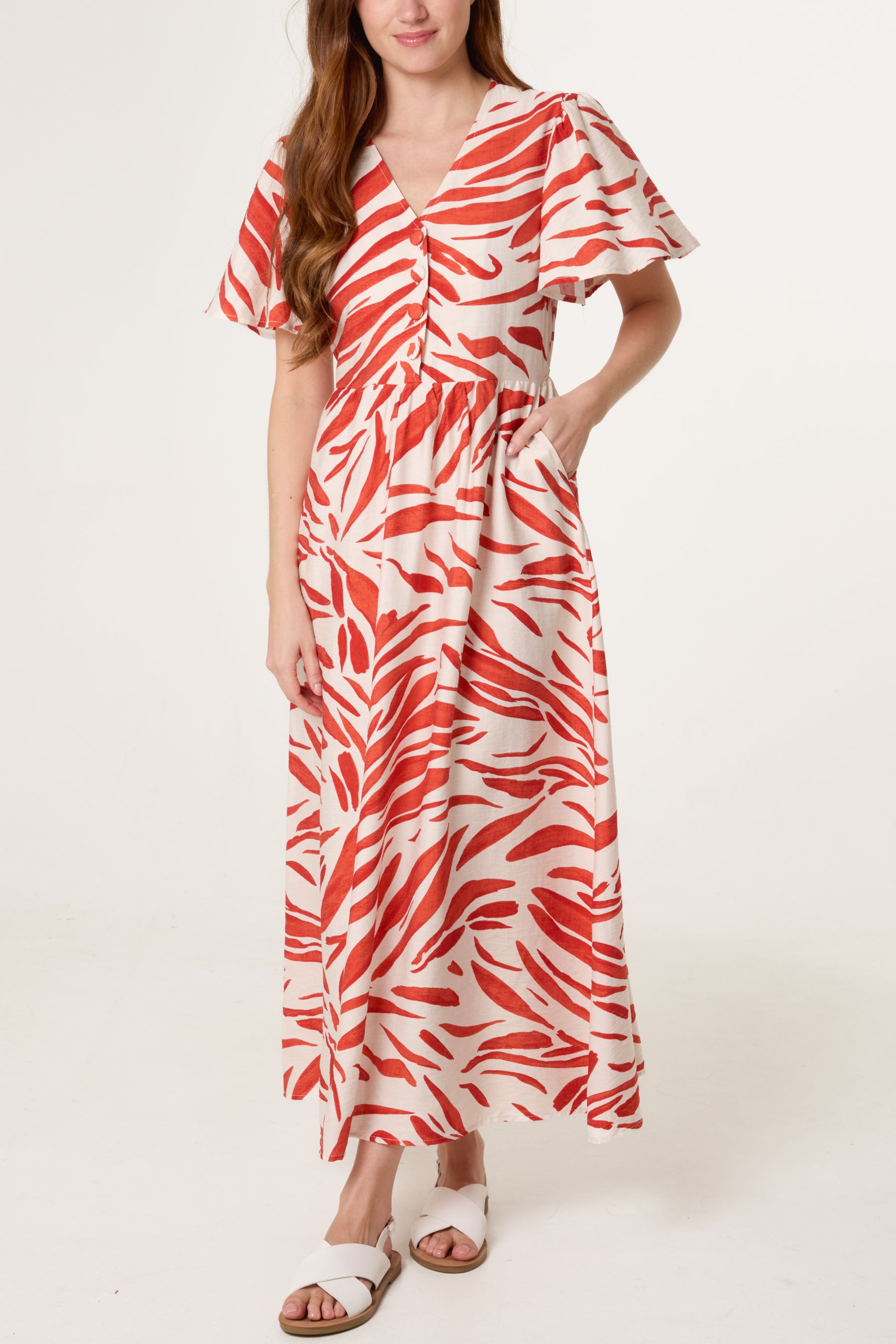 Brushstroke Leaf Print Midi Dress
