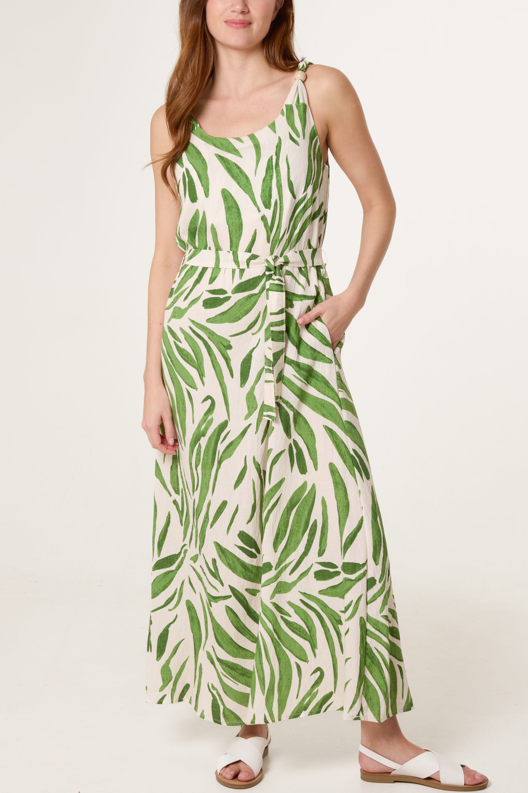Brushstroke Leaf Belted Dress