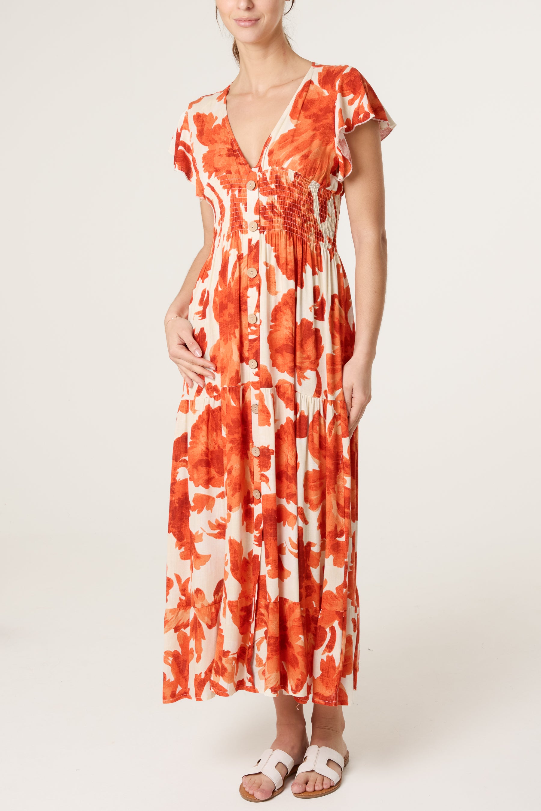 Button Through Elastic Flowers Dress