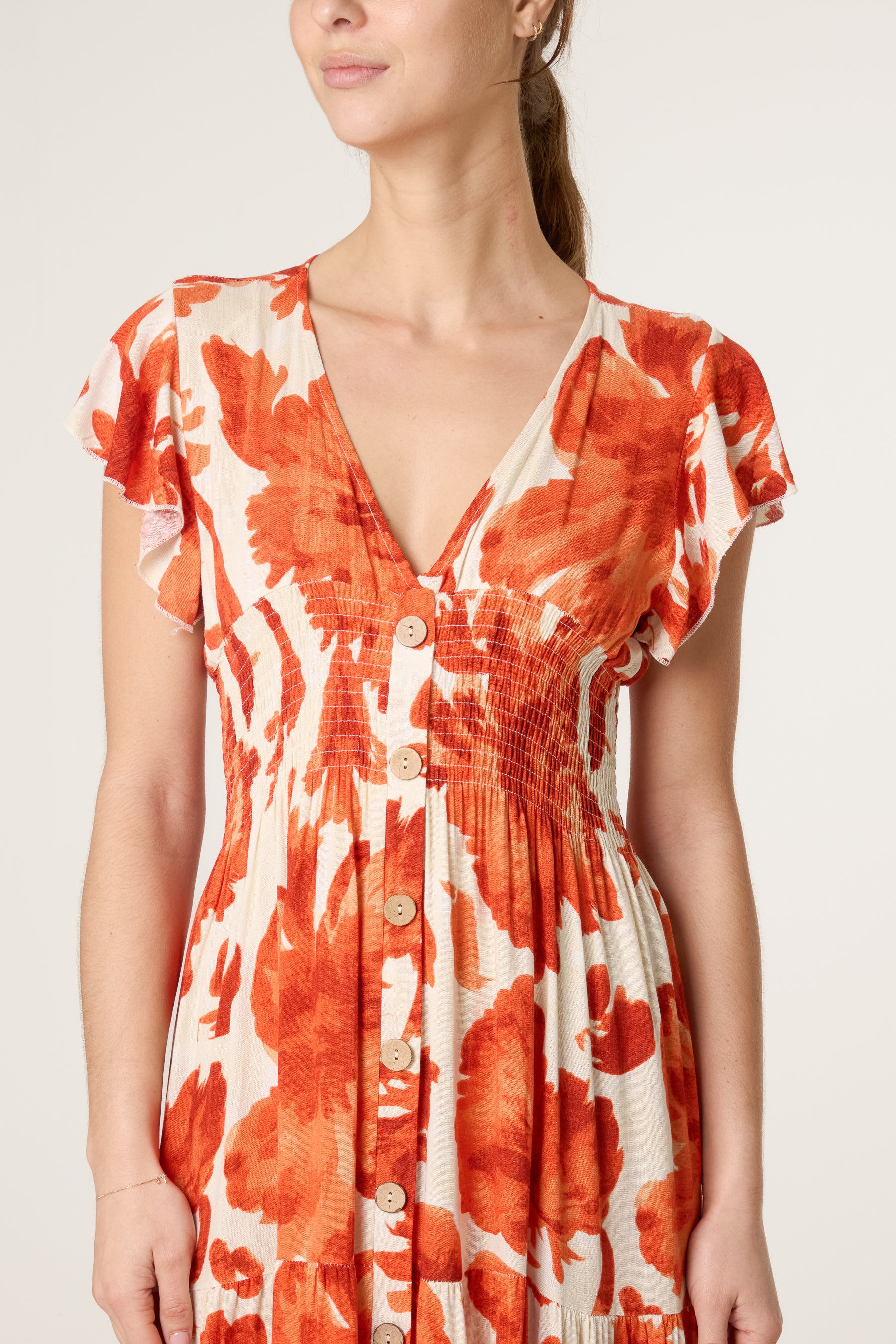 Button Through Elastic Flowers Dress