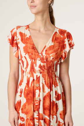 Button Through Elastic Flowers Dress