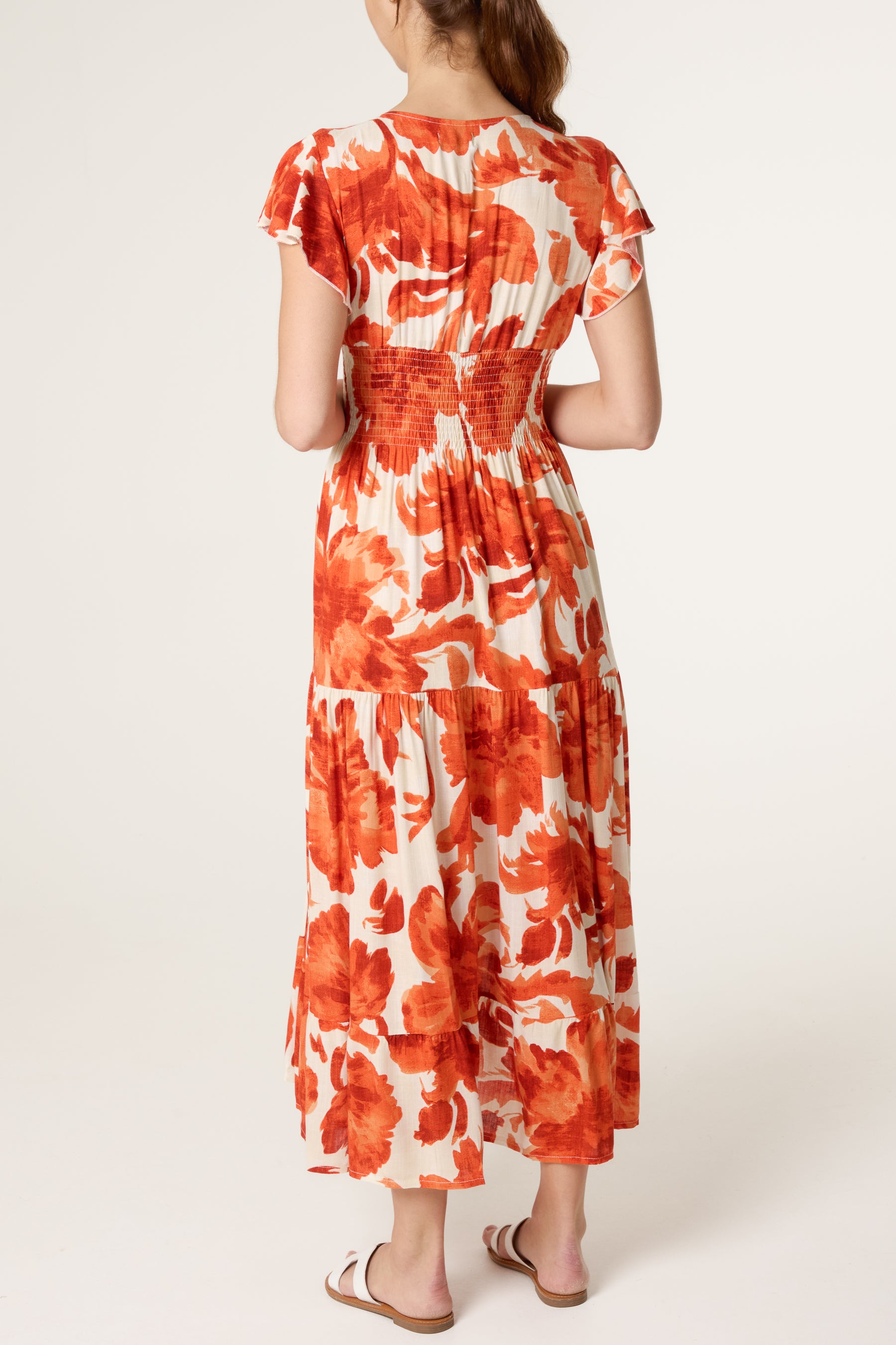 Button Through Elastic Flowers Dress