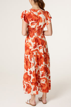 Button Through Elastic Flowers Dress