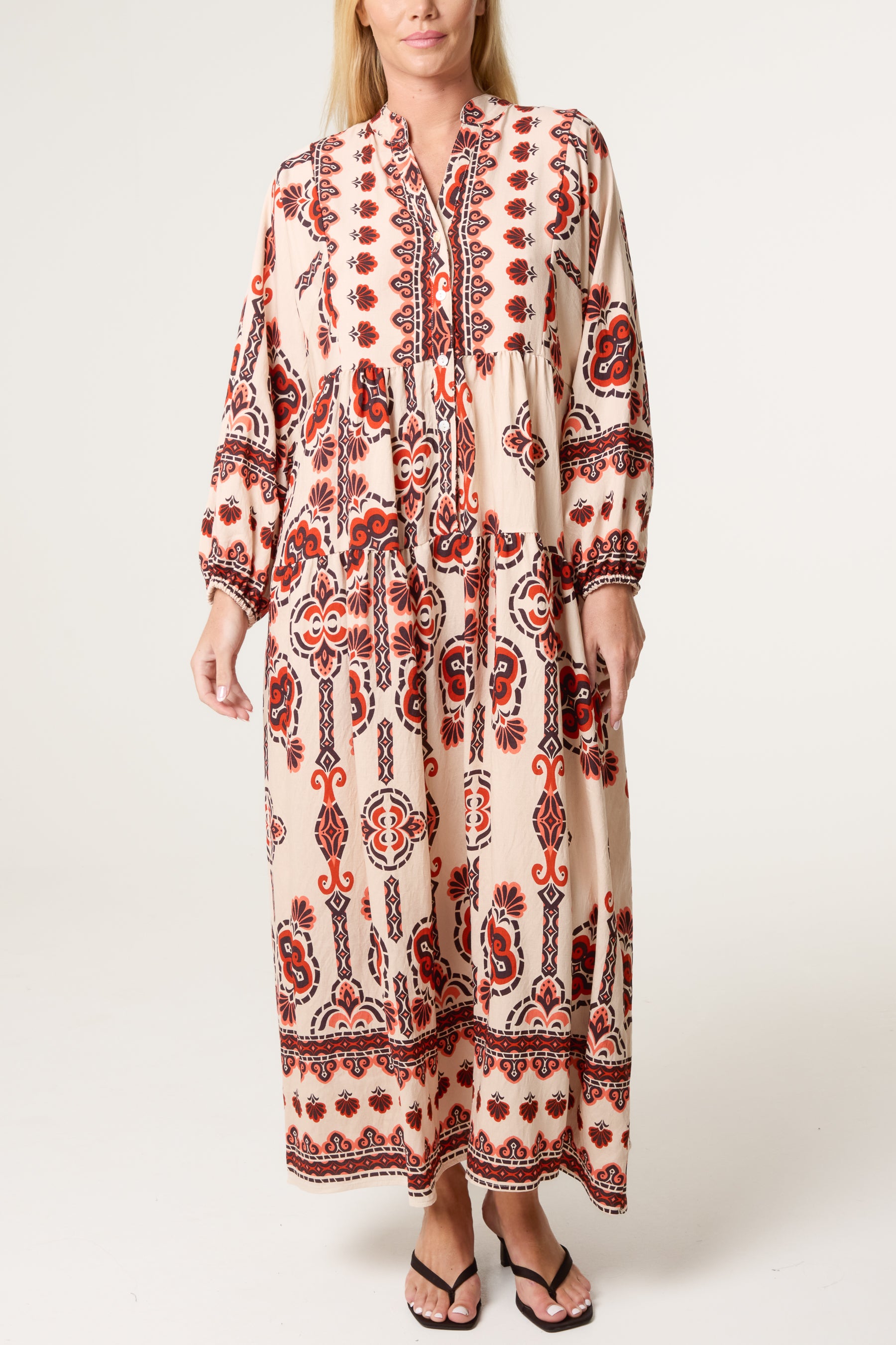 Open Collar Ethnic Smock Dress