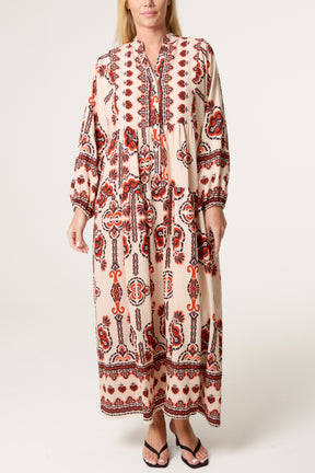 Open Collar Ethnic Smock Dress