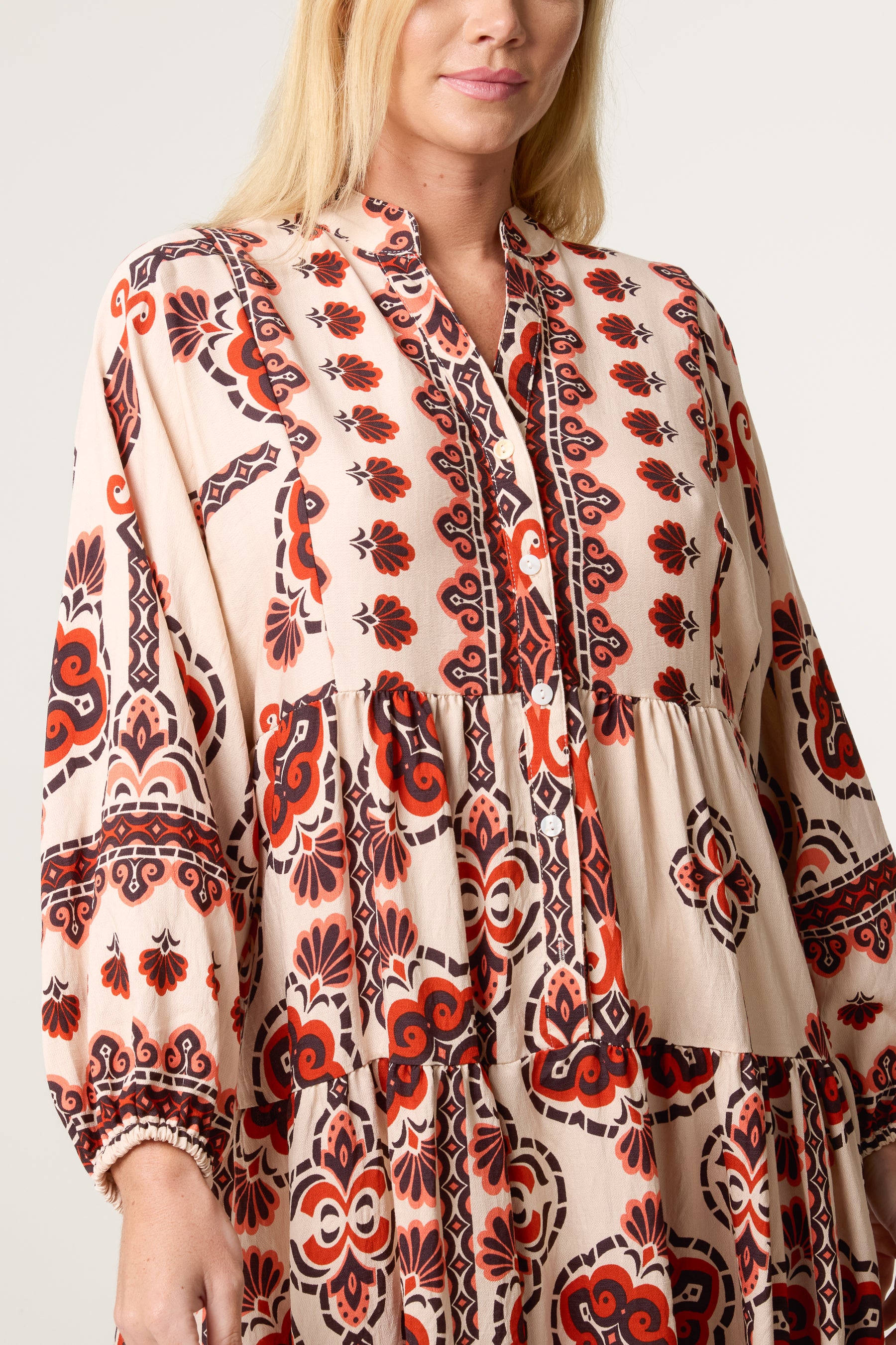 Open Collar Ethnic Smock Dress