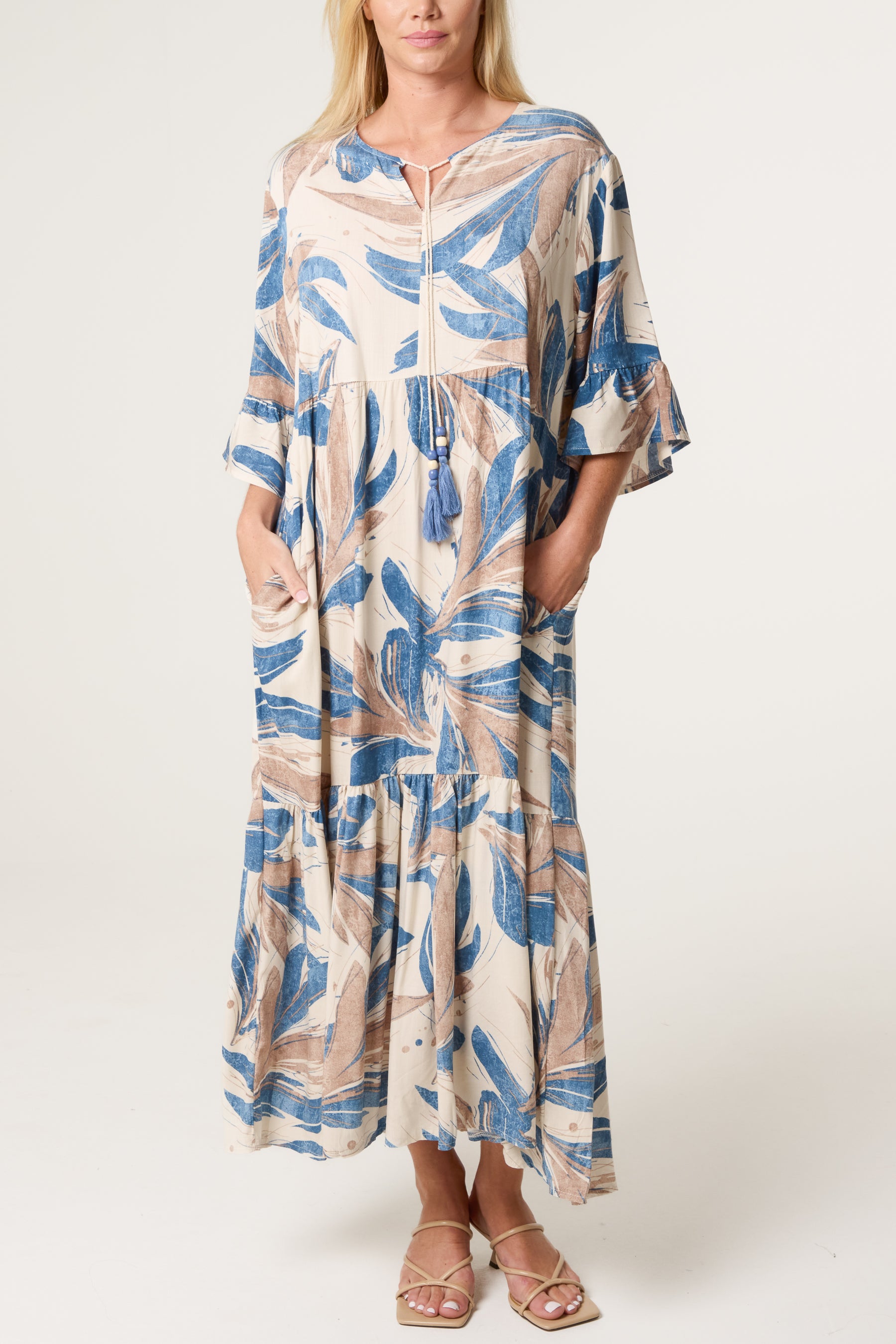 Abstract Leaf Tassel Smock Dress