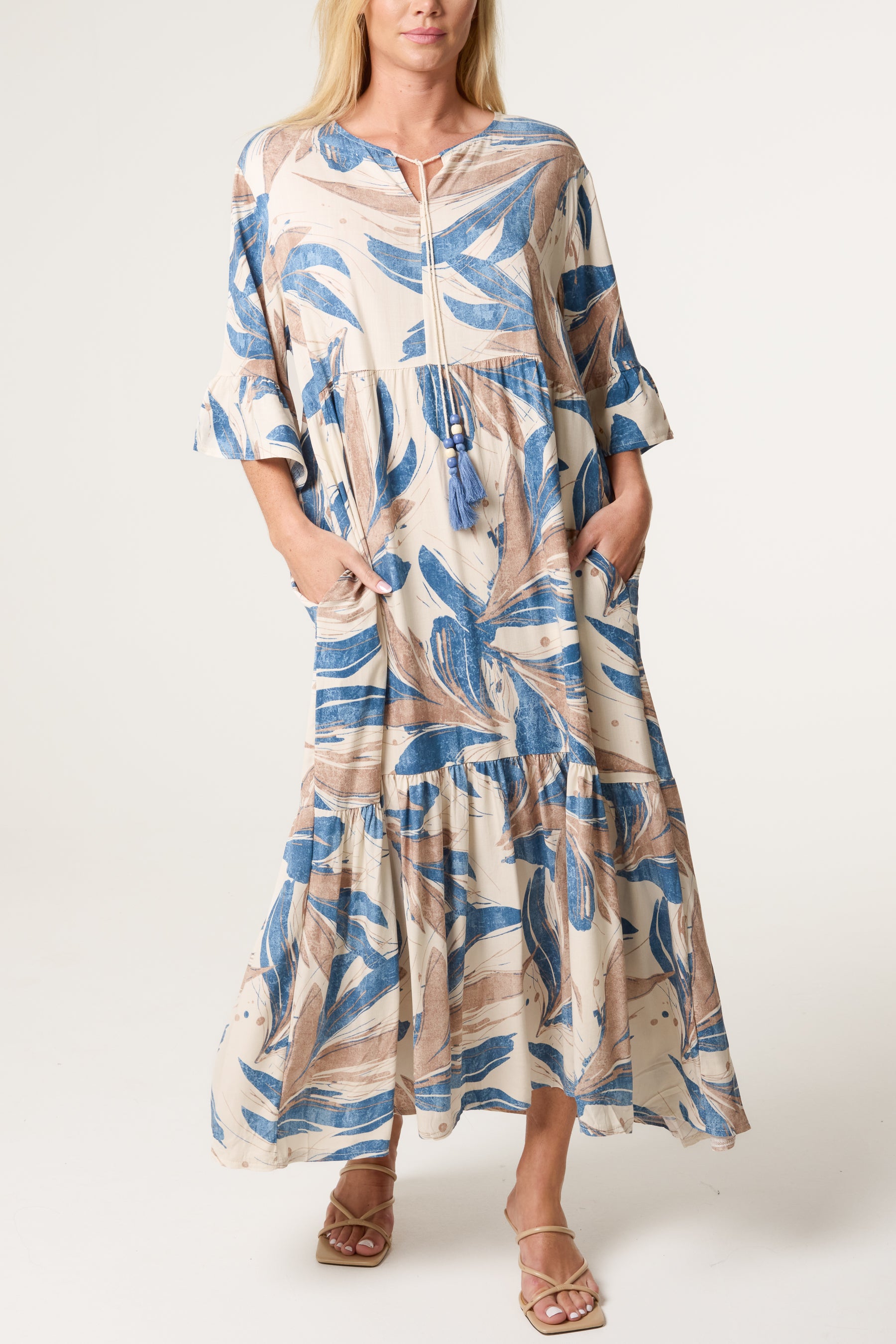 Abstract Leaf Tassel Smock Dress