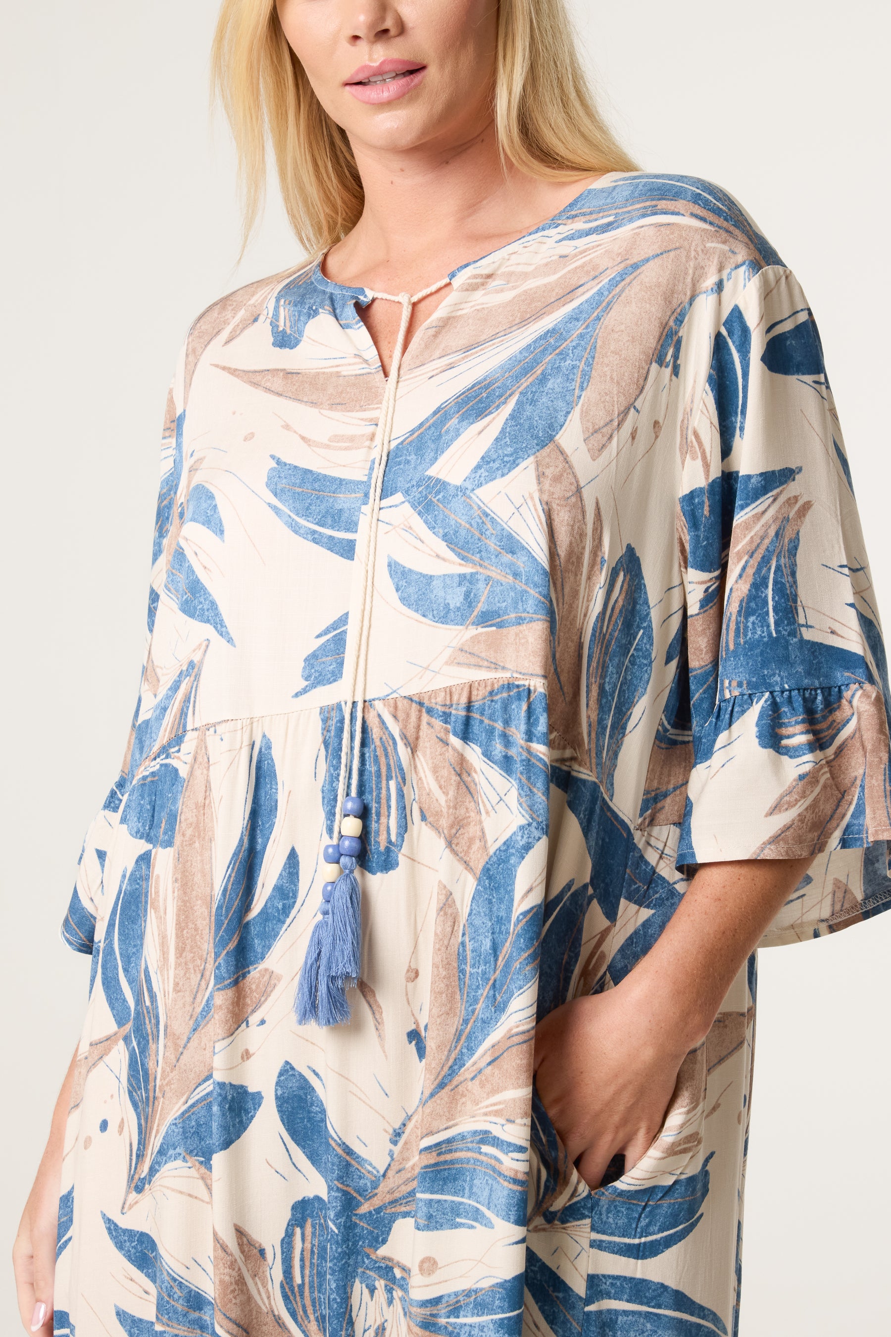 Abstract Leaf Tassel Smock Dress