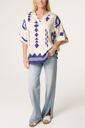 Geometric Print Boxy Open Collar Top