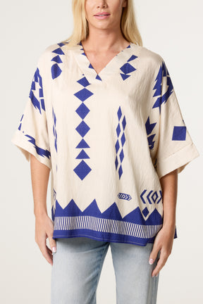 Geometric Print Boxy Open Collar Top