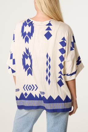 Geometric Print Boxy Open Collar Top