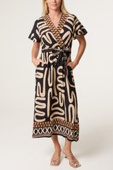 Abstract & Border Wrap Tie Dress