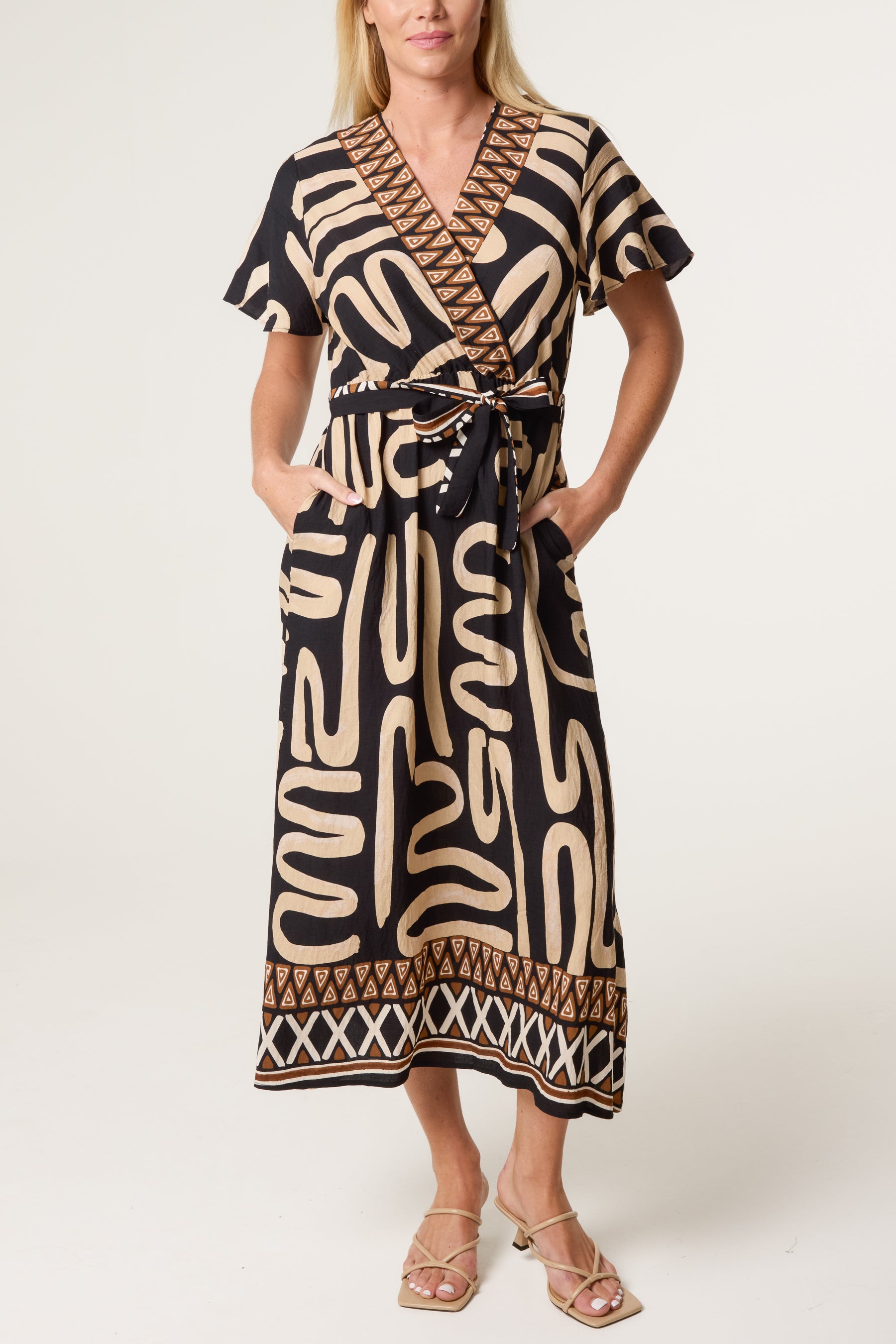 Abstract & Border Wrap Tie Dress