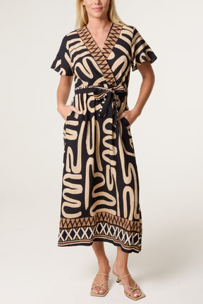 Abstract & Border Wrap Tie Dress