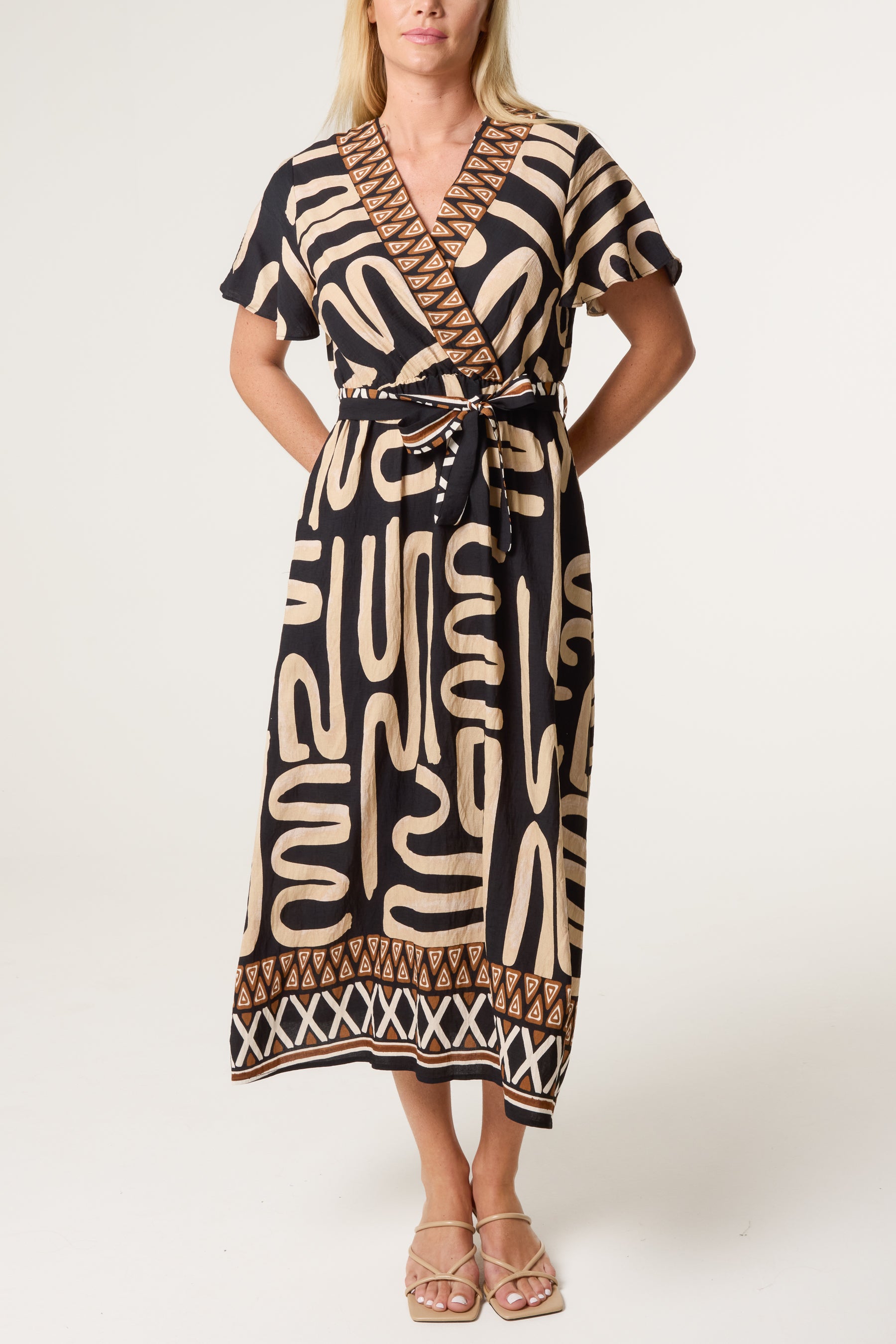 Abstract & Border Wrap Tie Dress