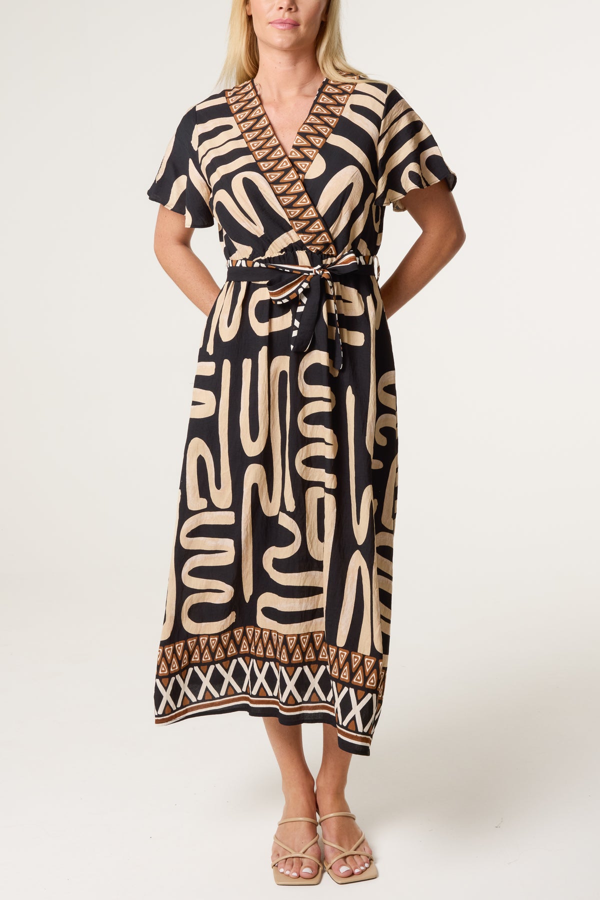 Abstract & Border Wrap Tie Dress