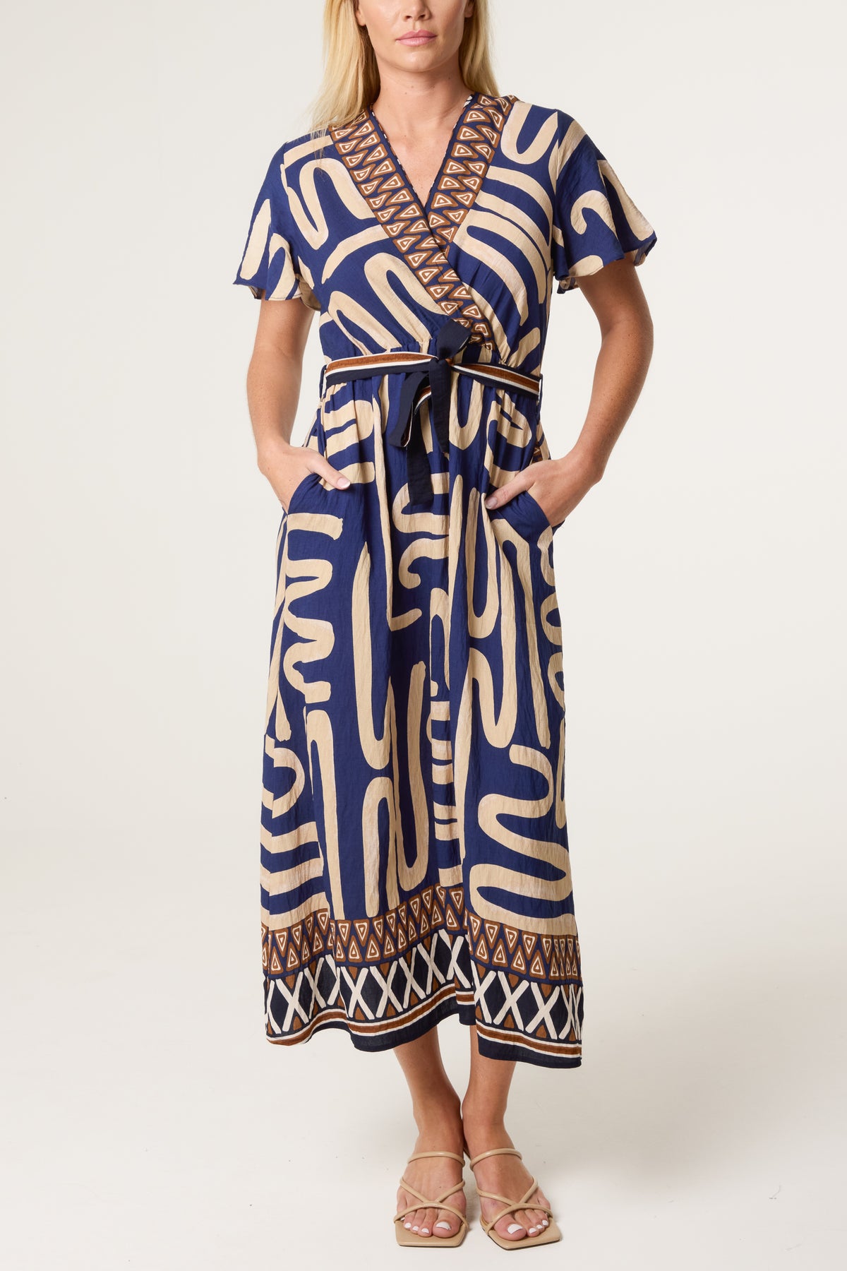 Abstract & Border Wrap Tie Dress
