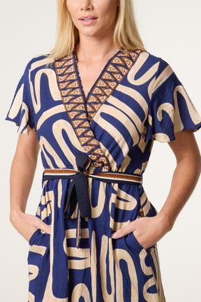 Abstract & Border Wrap Tie Dress