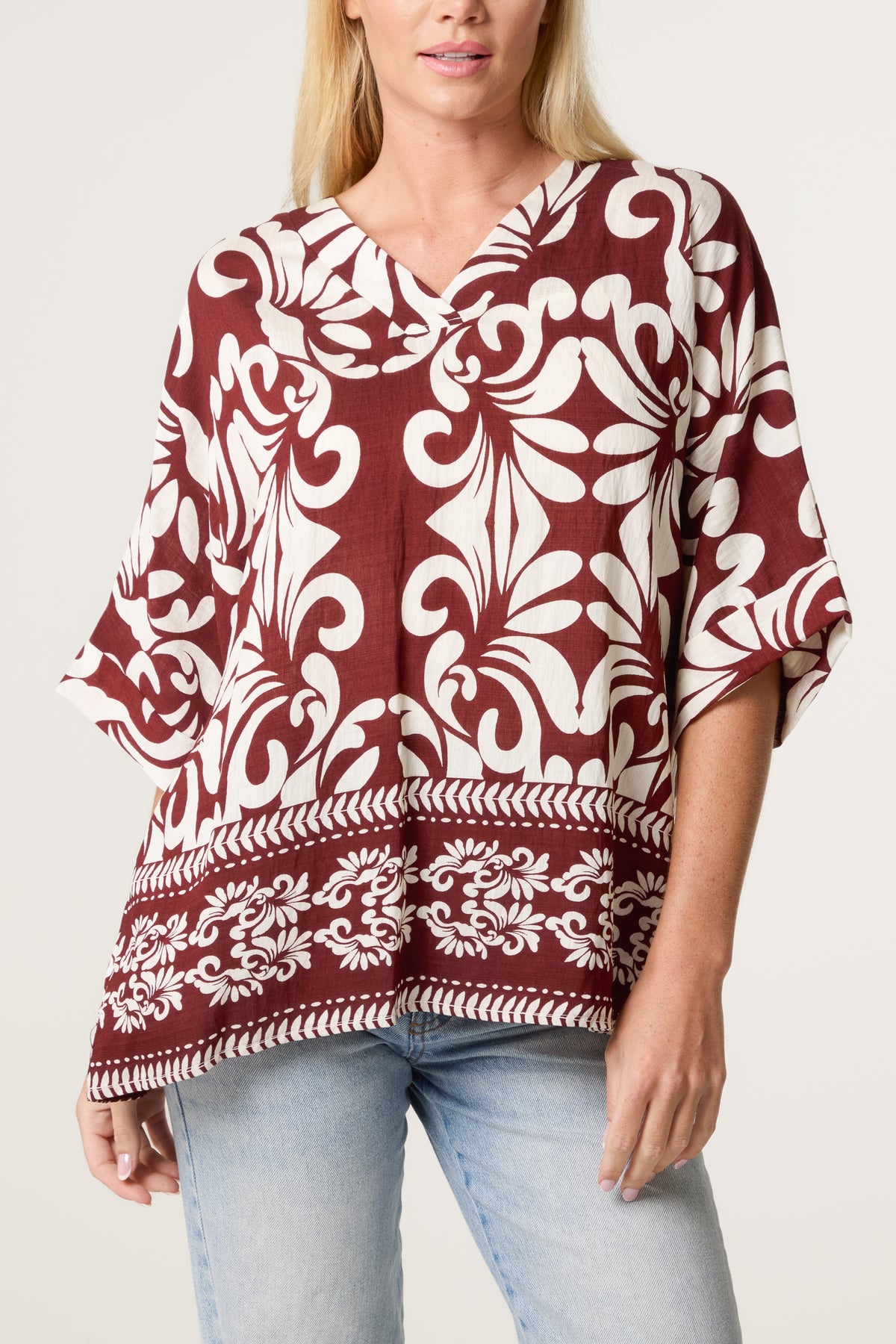 Abstract Leaf Print V-Collar Top