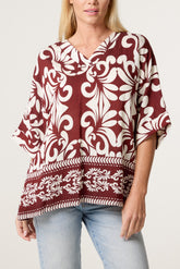 Abstract Leaf Print V-Collar Top