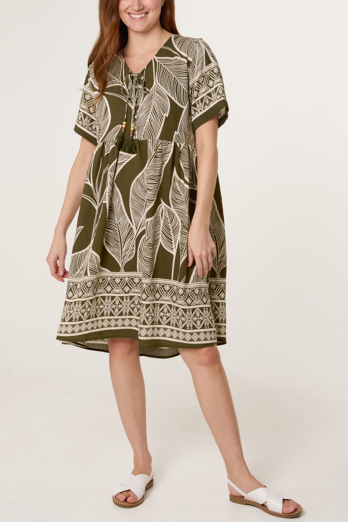 Tropical Leaf Print Tassel Dress