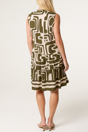 Geo Abstract Open Collar Smock Dress