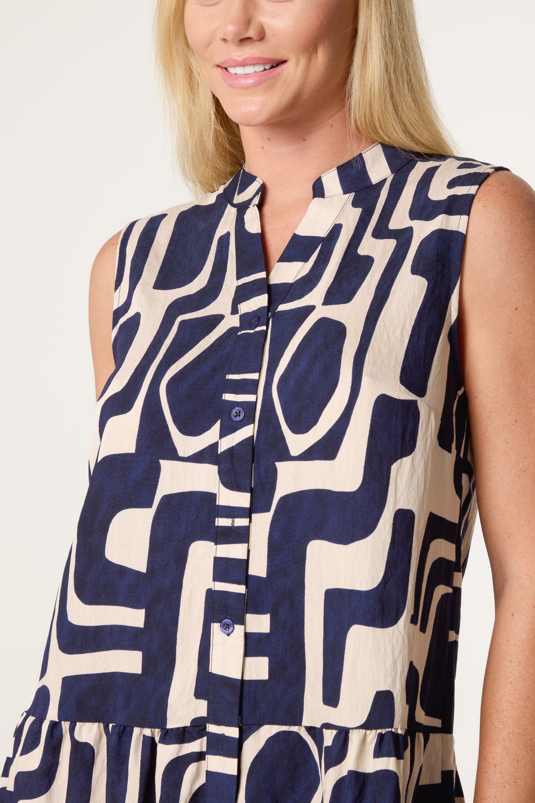 Geo Abstract Open Collar Smock Dress