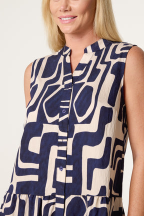 Geo Abstract Open Collar Smock Dress