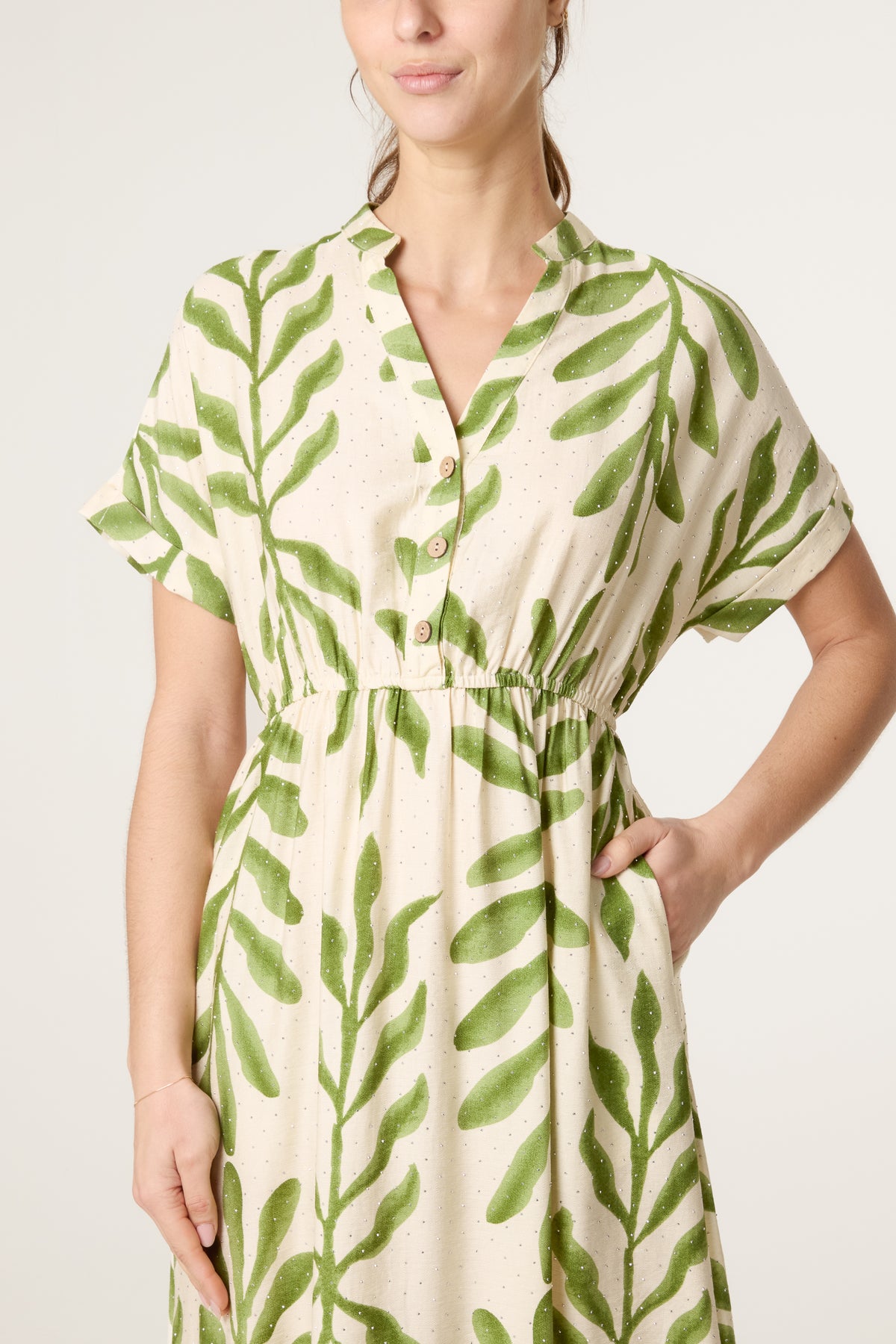 Leaf Print Embellished Open Collar Dress