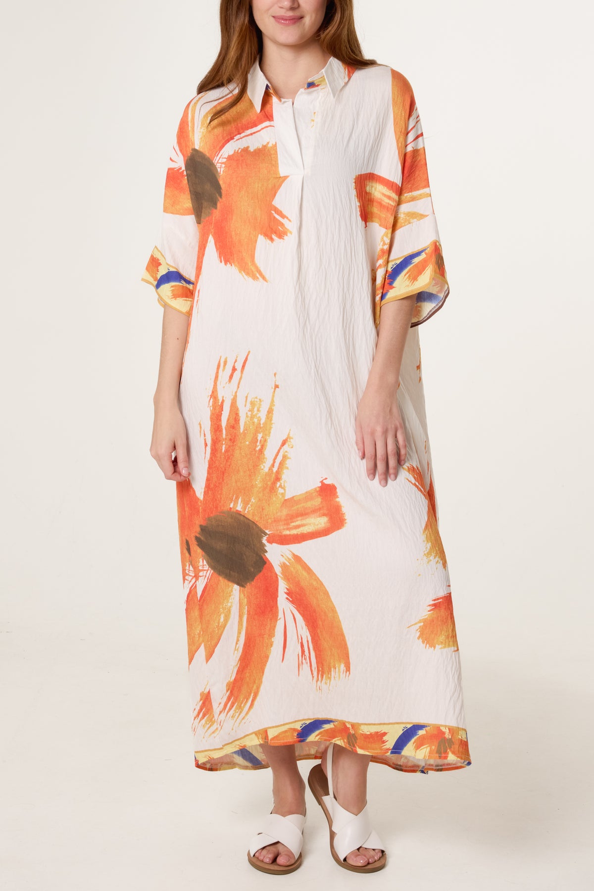 Brushstroke Florals Open Collar Dress