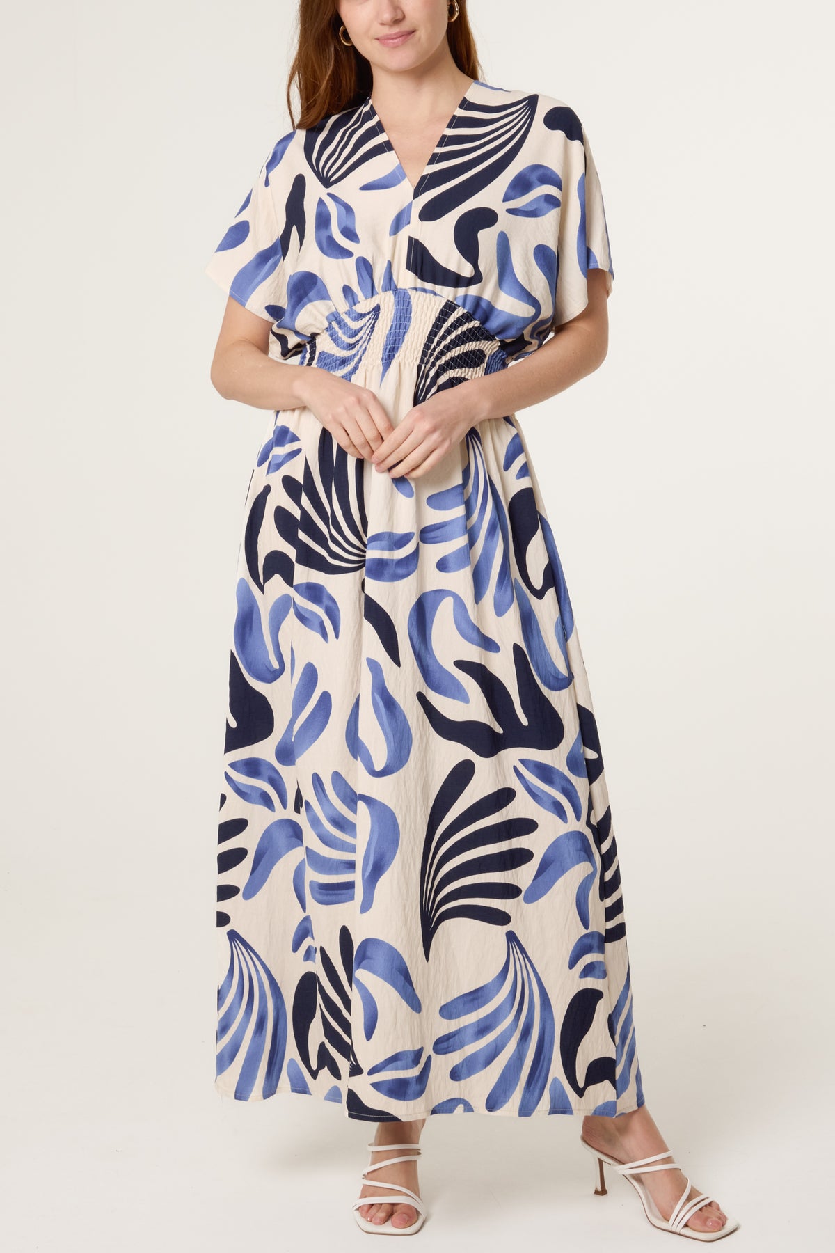 Shirred Waist Abstract Leaf V Dress