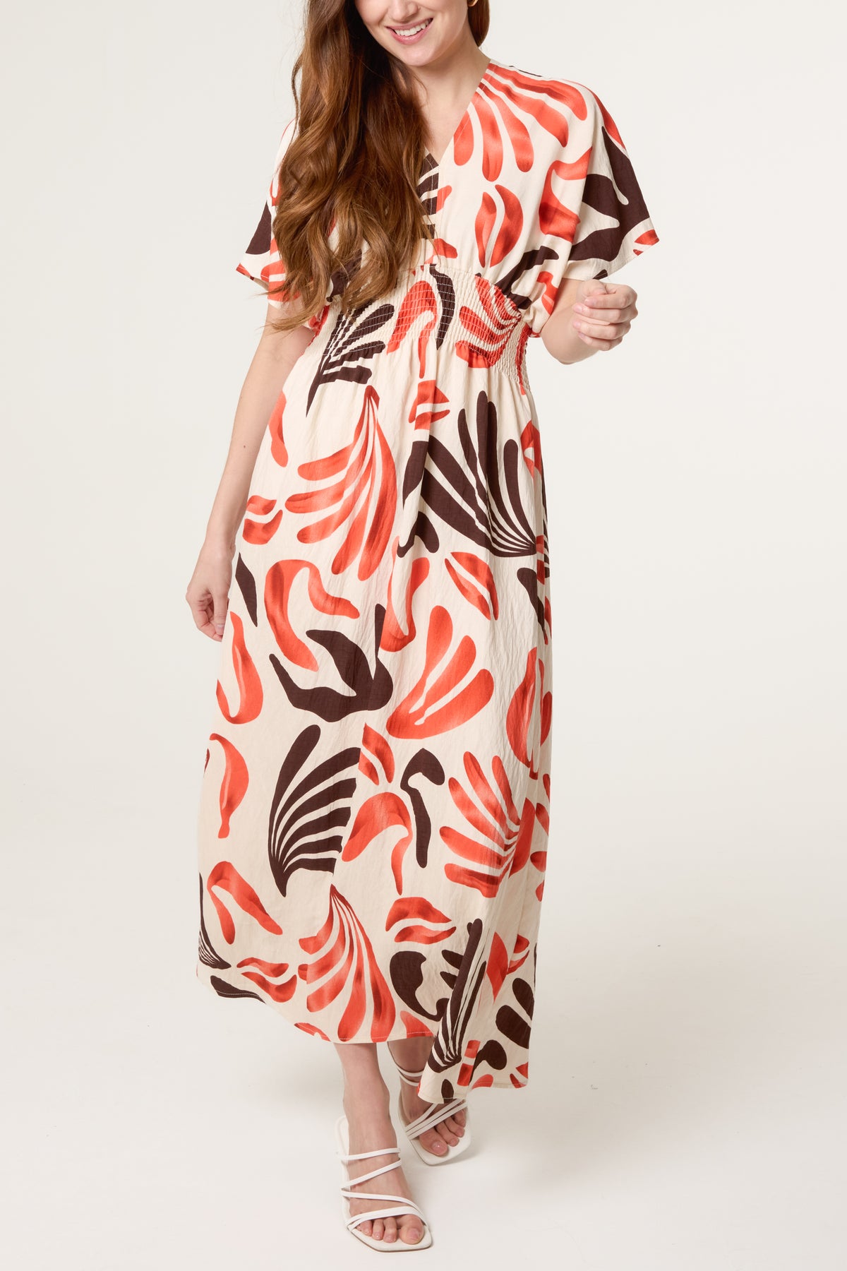 Shirred Waist Abstract Leaf V Dress