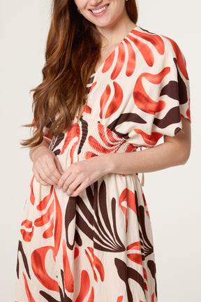 Shirred Waist Abstract Leaf V Dress