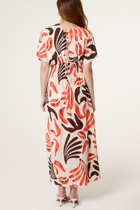 Shirred Waist Abstract Leaf V Dress